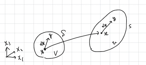 図 2: 変形する連続体とその内部に埋め込まれたベクトル